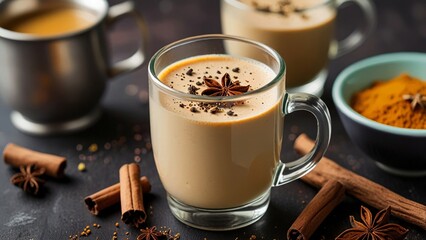 Indian masala tea in a glass with spices