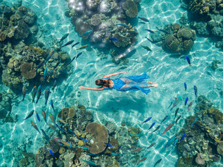 Young woman in a flowing blue dress swimming gracefully in the clear turquoise ocean, surrounded by colorful tropical fish and vibrant coral reef, viewed from above