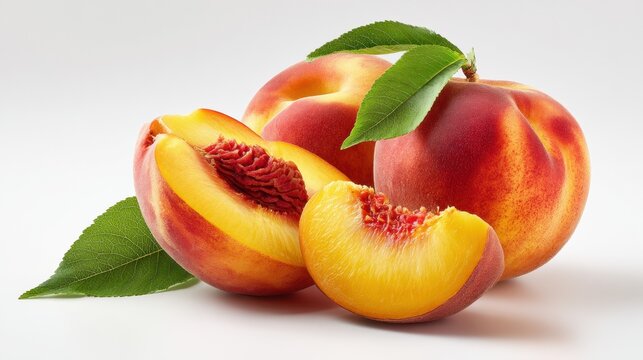 Fresh juicy peaches with green leaves and slices on white