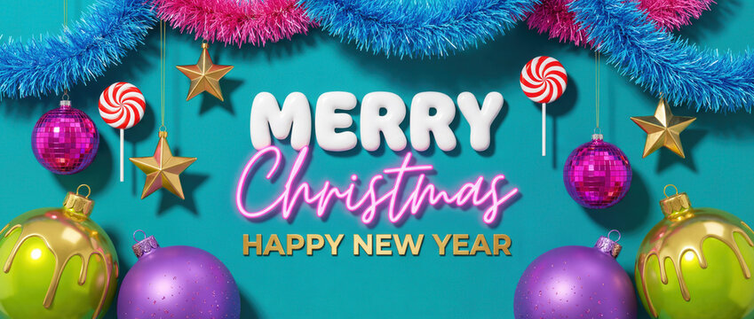 Dopamine decor style Christmas and New Year greeting banner with fluffy tinsel garlands in Electric Blue and Hot Pink and eclectic ornaments shiny Magenta disco balls