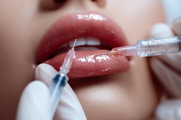Professional Lip Filler Injection Procedure for Enhanced Volume and Shape in a Clinical Setting with Dual Syringe Cosmetic Treatment