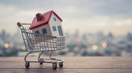 A miniature house inside a shopping cart on a wooden surface with a blurred city background
