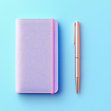 A purple notebook with a pink elastic band and a rose gold pen are arranged on a light blue background. The shot is taken from a top-down perspective.