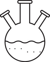 A simple black and white line drawing silhouette of a three necked round bottom laboratory flask containing a wavy liquid with small dots isolated on transparent background