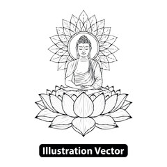 Drawing of a Buddhist deity sitting in a lotus flower with intricate patterns on a white background