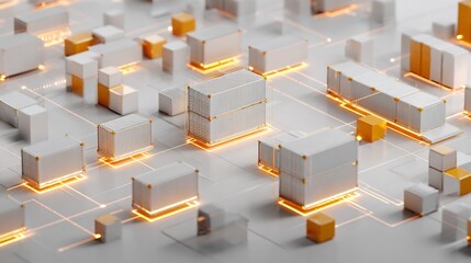 Modern Logistics Network with Interconnected Shipping Containers: Illustrates global trade, supply chain management, and distribution networks with warm, inviting lighting