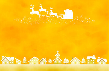 クリスマスのサンタとトナカイのシルエットと冬の街並み背景（黄色）