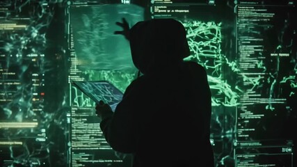 Male hacker in a hood works computer with maps data on display screens dark office room Computer hacker hoodie glitch face abstract digital code Cybersecurity data protection in social network - Powered by Adobe