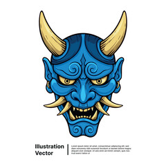 Blue Japanese Oni Mask Illustration Traditional Demon Symbol with Horns and Fangs
