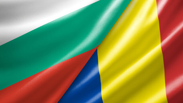 Bulgaria and Romania two national flags filling the entire frame, close-up view, edge-to-edge composition