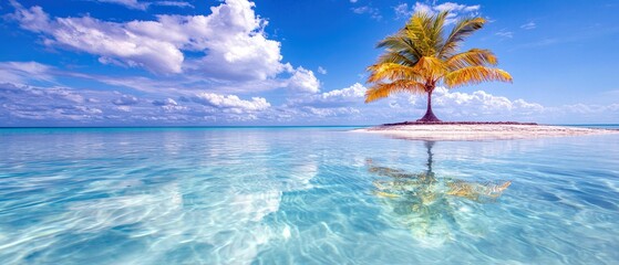 A palm tree stands on a small island, reflected in the clear, turquoise water. The sky is blue with fluffy white clouds, creating a sunny and peaceful scene.