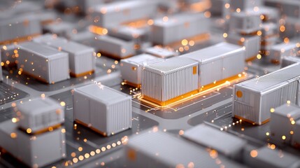 3D Abstract of Interconnected Shipping Containers with Glowing Network, Logistics and Global Trade Concept, High-Tech Transportation Theme with Cinematic Lighting and 4k Detail