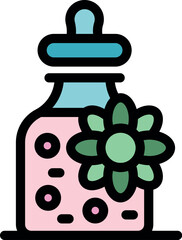 Pink glass bottle of essential oil for aromatherapy treatments with flower decoration and dropper cap