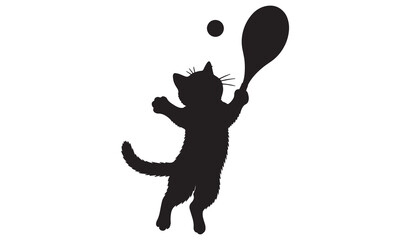 Playful cat silhouette in mid air hitting a tennis ball with a racket