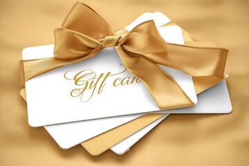 Luxurious White Gift Cards with Golden Ribbon and Bow for Premium Gifting Promotions Celebrations Rewards and Elegant Holiday Presentations