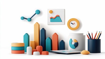 A collection of colorful 3D business charts, graphs, and icons on a white background, representing data analysis and business concepts.