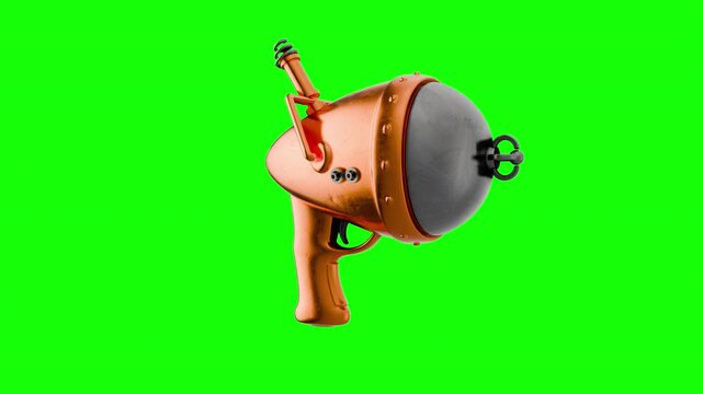 Retro futuristic space weapon, ray gun or alien blaster in realistic style. Loopable rotation element for game or movie. 3d animation isolated on chroma key background.