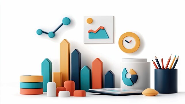 A collection of colorful 3D business charts, graphs, and icons on a white background, representing data analysis and business concepts.