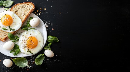Overhead shot of a plate with two fried eggs on toast, surrounded by fresh basil and whole eggs, on a dark wooden surface.