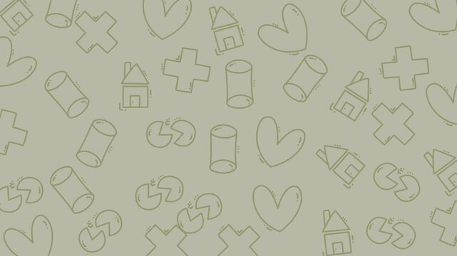 Lineart pattern with holiday houses, hearts, circles, crosses, and cylinders. Perfect for holidaythemed designs like greeting cards and stationery.