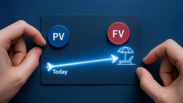 Future value and present value buttons with hands adjusting financial controls and glowing arrow pointing to retirement time concept vacation
