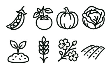 Outlined icons of vegetables and plants on olive green background