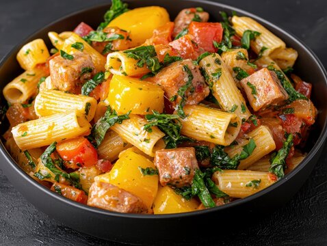 Close-up of a bowl filled with pasta, sausage, yellow bell peppers, red tomatoes, and fresh green herbs. The dish is on a dark textured surface. - Powered by Adobe