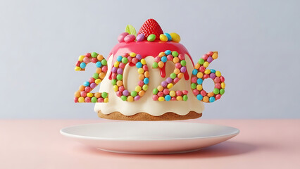Vibrant 3D rendered New Year 2026 cake illustration, featuring colorful candy numbers and a delightful strawberry topping floating above a plate, symbolizing sweet beginnings and future celebrations