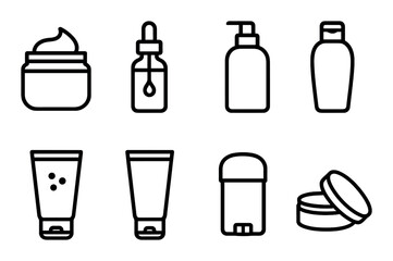 Fototapeta premium Minimalist skincare product icons: bottles, jars, tubes, dispenser, cream