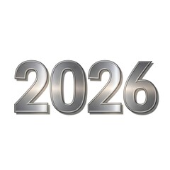 Shiny metallic 3d number 2026 text isolated on white background, representing the upcoming new year celebration or future date concept