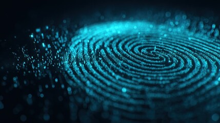 Glowing Blue Fingerprint - Digital Security Concept, Futuristic Data Visualization, Dark Background.