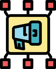 Viral marketing campaign spreading through network nodes, represented by a megaphone icon within interconnected squares, symbolizing widespread reach and influence