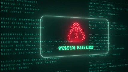 System Failure Warning on Digital Screen with Exclamation Mark and Code Keywords: system, failure, warning, computer, digital, technology, security, error, alert, message, screen, display, code