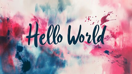 Hello world message over artistic pink and blue watercolor splatters