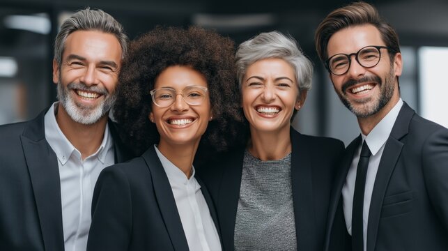 Four diverse individuals dressed in professional attire stand together, sharing wide smiles in a well-lit office environment. Their happiness showcases teamwork and camaraderie