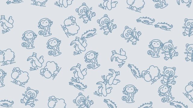 Animal pattern holiday display featuring monkey, sheep, panda, bird, and alligator, perfect for festive designs and childrens products.