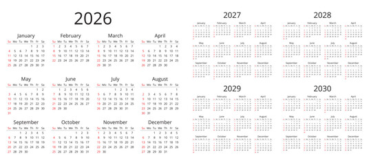 2026, 2027, 2028, 2029, 2030 years english calendars. Simple vector illustration