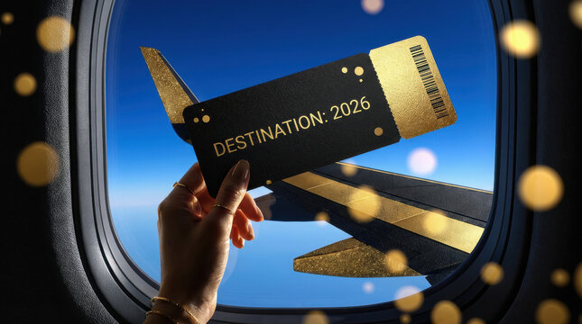 New Year 2026 travel concept. Hand holding luxury boarding pass with text Destination 2026 against airplane window with golden wing and festive bokeh lights. Holiday trip planning.
