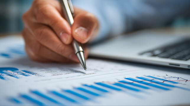 Hand holding pen over financial report near laptop writing charts