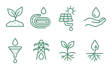 Eco-friendly icons: green energy, water conservation, sustainable growth