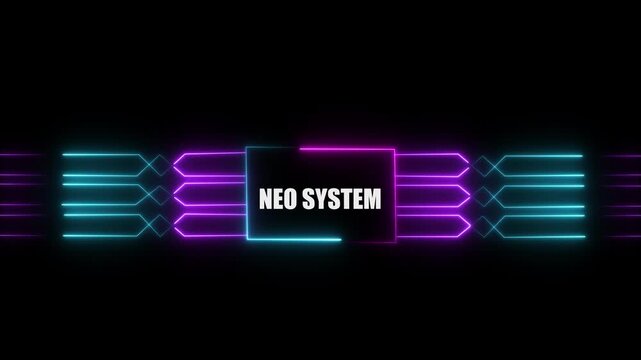 Networking chip icon futuristic neon circuit board NEO SYSTEM animated. on black background. Motion graphic of digital logo with futuristic technology.4k video black background animated...