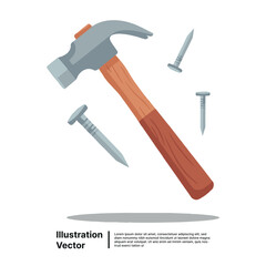 A detailed vector illustration of a claw hammer and metal nails for carpentry or DIY projects