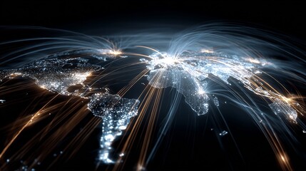 Obraz premium Global Network Connection with Light Streaks on World Map, a visually stunning background highlighting international connectivity, enhanced by cinematic lighting and vibrant colors