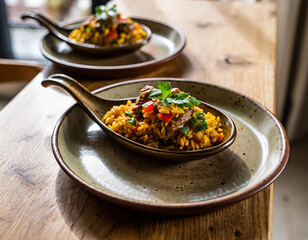 Gourmet rice and meat tapa served in ceramic spoon on rustic wooden table