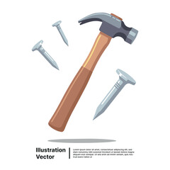 Cartoon Vector Illustration of a Classic Claw Hammer and Assorted Nails for Construction and Home Improvement Projects