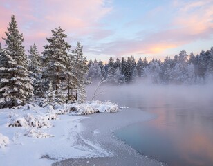 Fototapeta premium Serene Winter Lake at Sunset with Falling Snowflakes