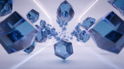 3D geometric medical crystals arranged symmetrically along edges, cool sterile lighting, luxury biotech atmosphere, open center