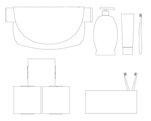 A minimalist contour line drawing of essential bathroom supplies, including a toilet seat, bottle, and two cleaning brushes.
