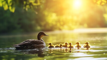 Mallard duck and ducklings swimming on a green lake in nature