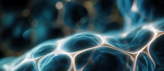 Abstract luxury close up of translucent cell membrane patterns with glowing edges, futuristic biomedical mood, soft blur background with generous